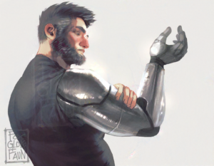 an illustration of an older man with grey hair viewed from a side profile. his right arm is raised and bent at the elbow and he quietly examines it. it is made entirely out of silvery metal, scratched and worn and battered over years of use. his expression is calm and detached, and his left hand gently touches his bicep at the elbow.